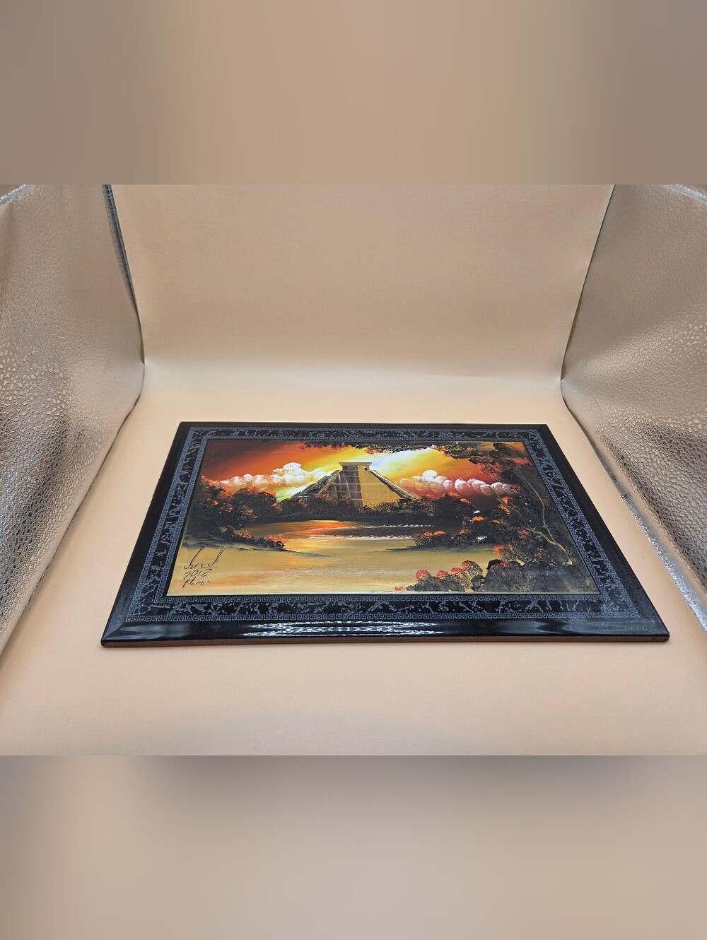 Vintage Hand-Painted Mexican Mayan Pyramid Ceramic Tile Art – Dated 2012 /Signed